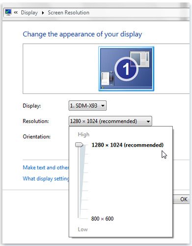 Change screen resolution in control panel
